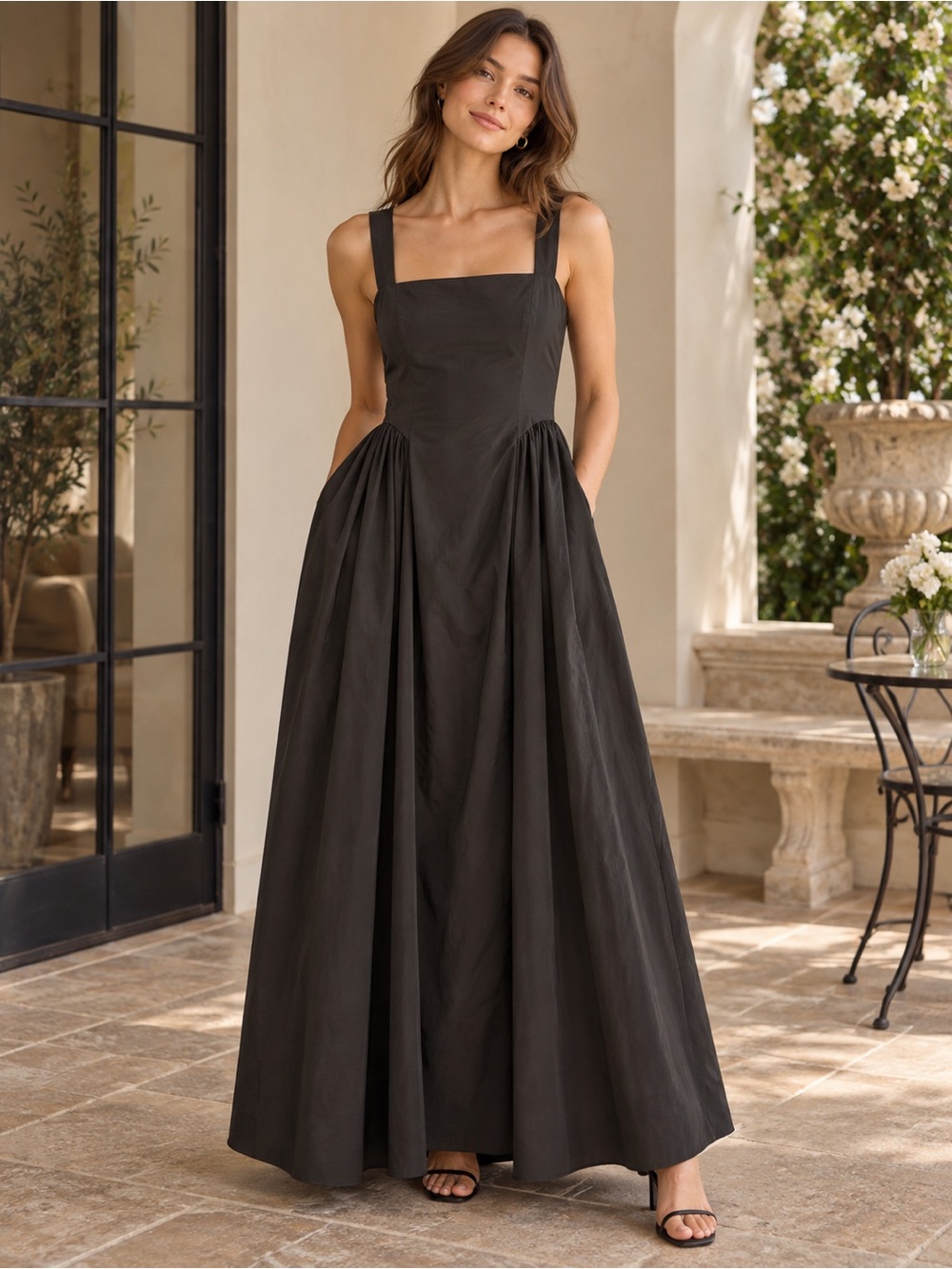 Caroline Constas Black Square Neck Basque Waist Maxi Dress NWT S $315